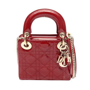 Christian Dior Lady Cannage Handbag Patent Vernis Leather Red